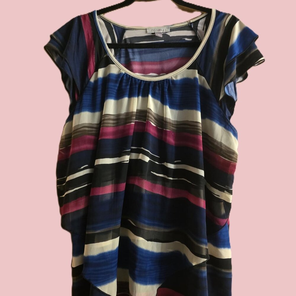 ROZ & ALI WOMENS PLUS SIZE 2X TOP MULTI COLOR SHORT FLUTTER SLEEVE OVERLAY